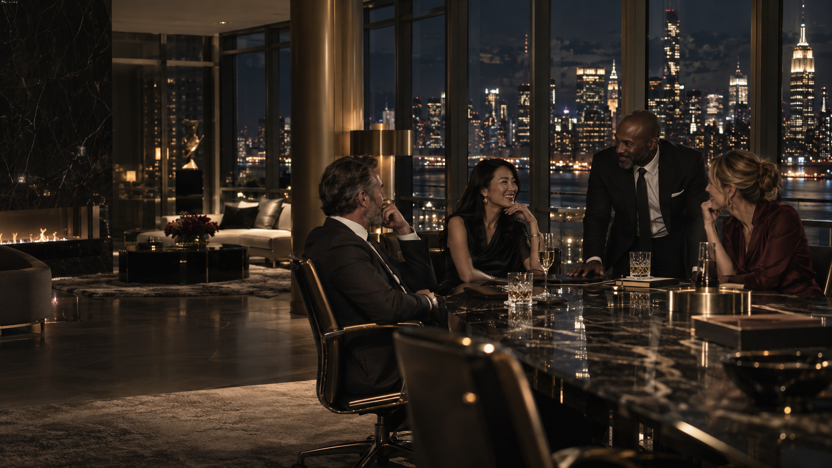 Private executive meeting overlooking Manhattan at night