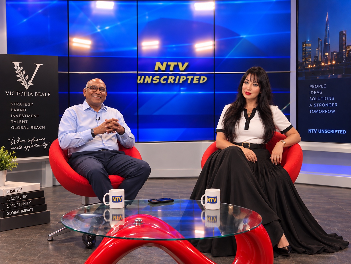 Victoria Beale interviewing a guest on NTV Unscripted